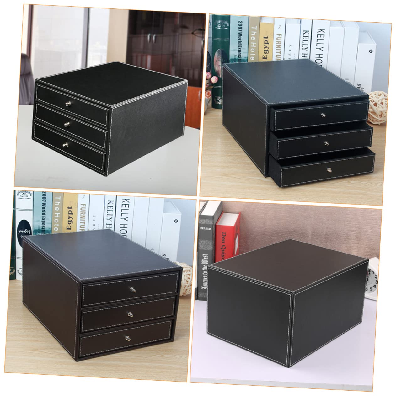 NUOBESTY Caja de Archivos de Escritorio A4 de Cuero Tres Cajones | Negro, Madera y Pu, 1 Pieza, Uso en Oficina y Dormitorio, Extracción Suave y Acceso Fácil