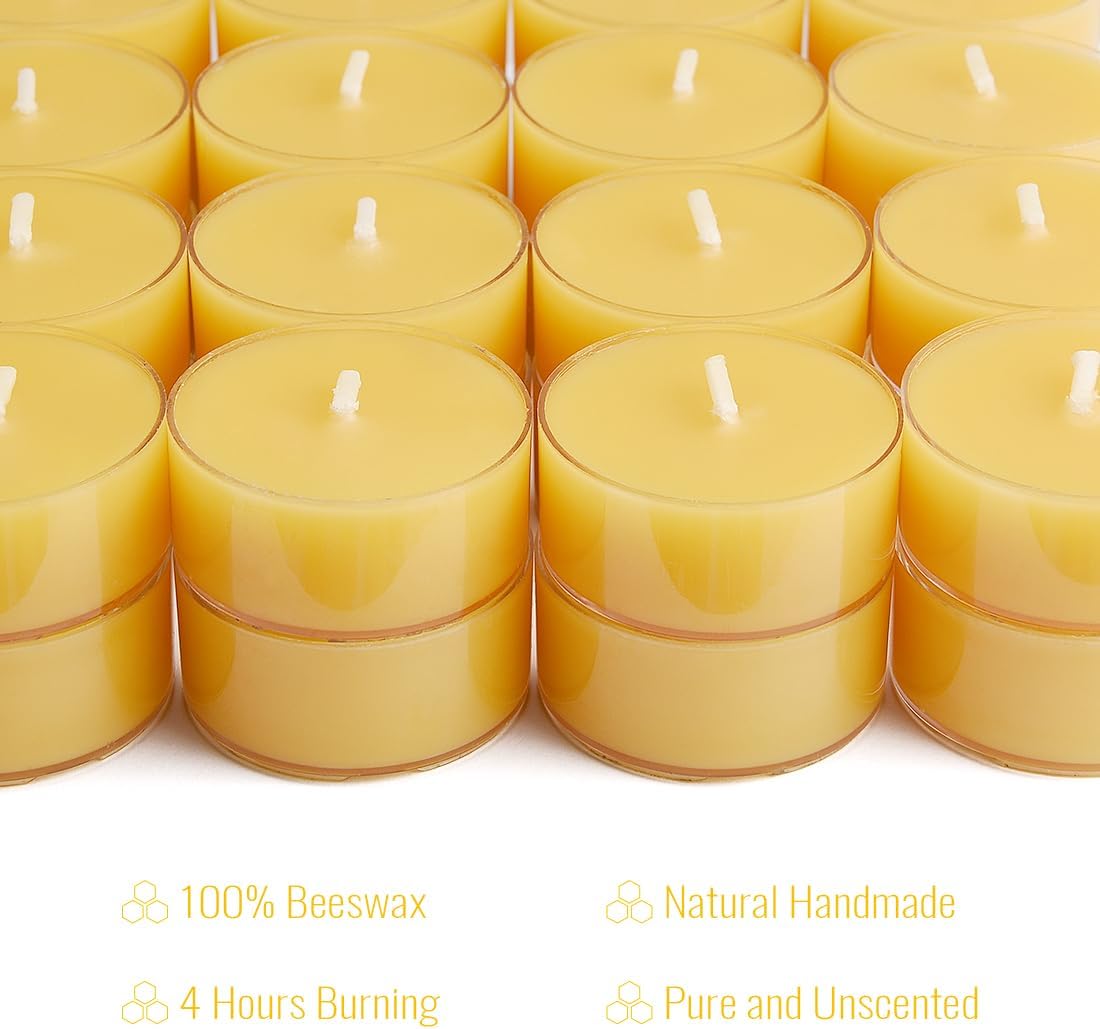 32 Packs Pure Beeswax Tealight Candles Bulk - Clear Cup, Natural Handmade Tea Candles for Dinner Table (Yellow)