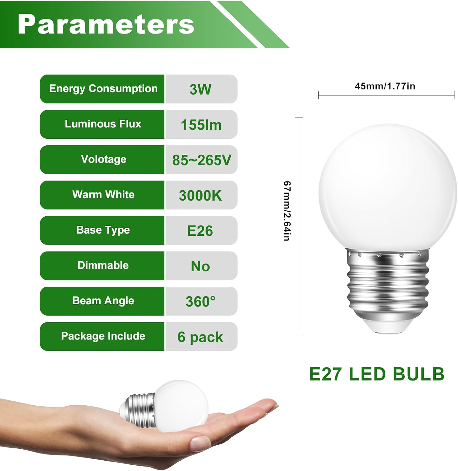LED Night Light Bulb,3W E26 1W LED Light Bulbs,Low Wattage Globe Small Light Bulbs,3000K Warm White,15W Equivalent,for Bathroom Vanity Porch String Light Bulbs,Non-dimmable,6 Pack