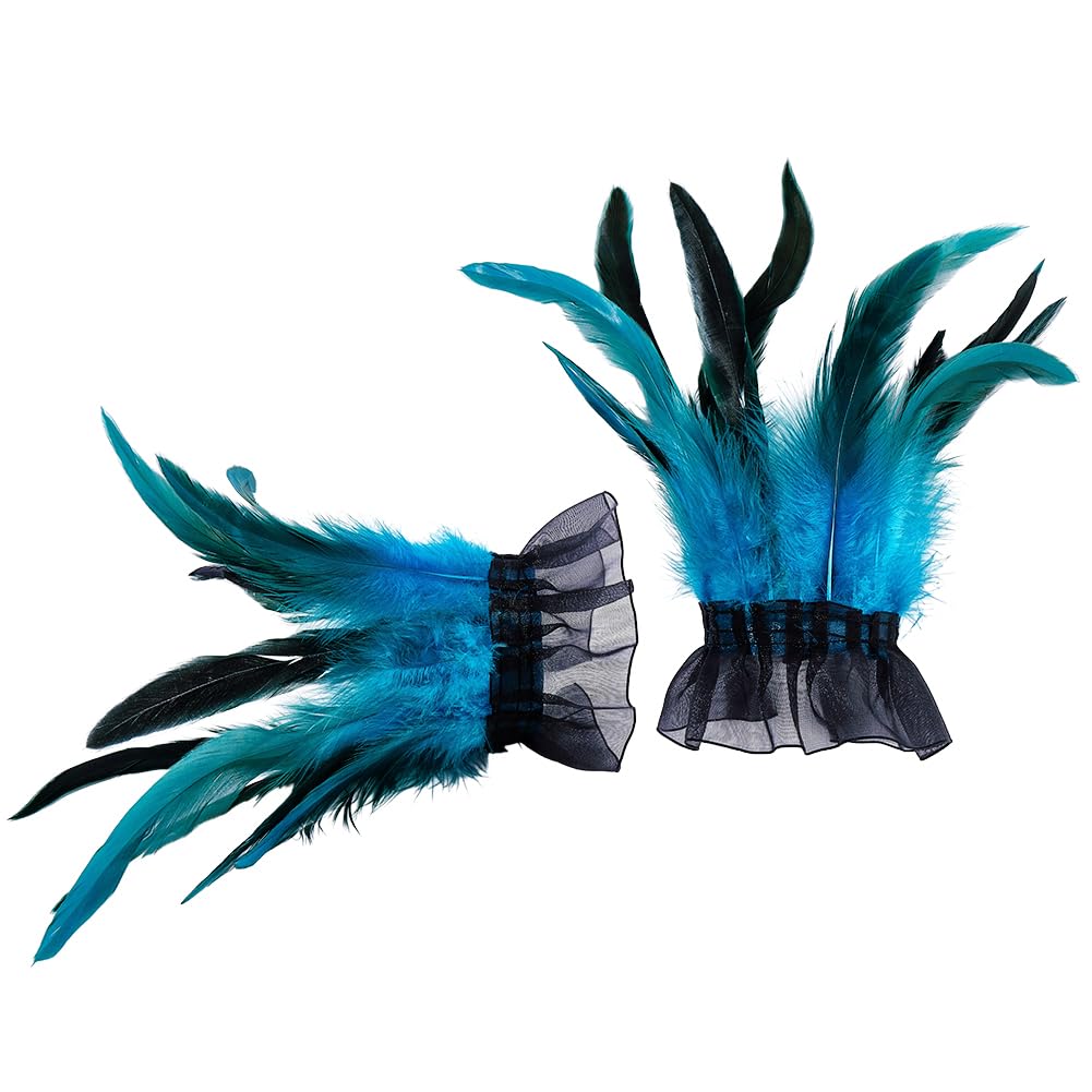 OLYCRAFT 2Pcs Women's Gothic Lace Feather Gloves Sky Blue Feather Lace Wrist Bands Women Black Laces Feathers Gloves Feathers Arm Sleeve Wristband for Cosplay Wedding Masquerade Party