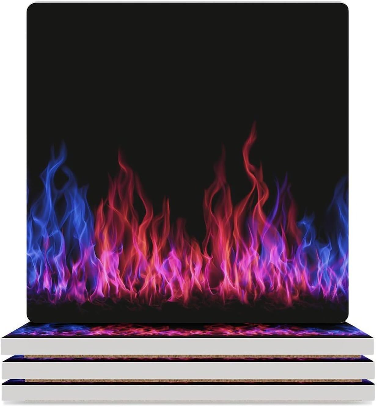 Blue and Red Fire Flame Coaster for Drinks Square Ceramic Table Coasters Stone Mat Crafts 4PCS Home Kitchen Decor