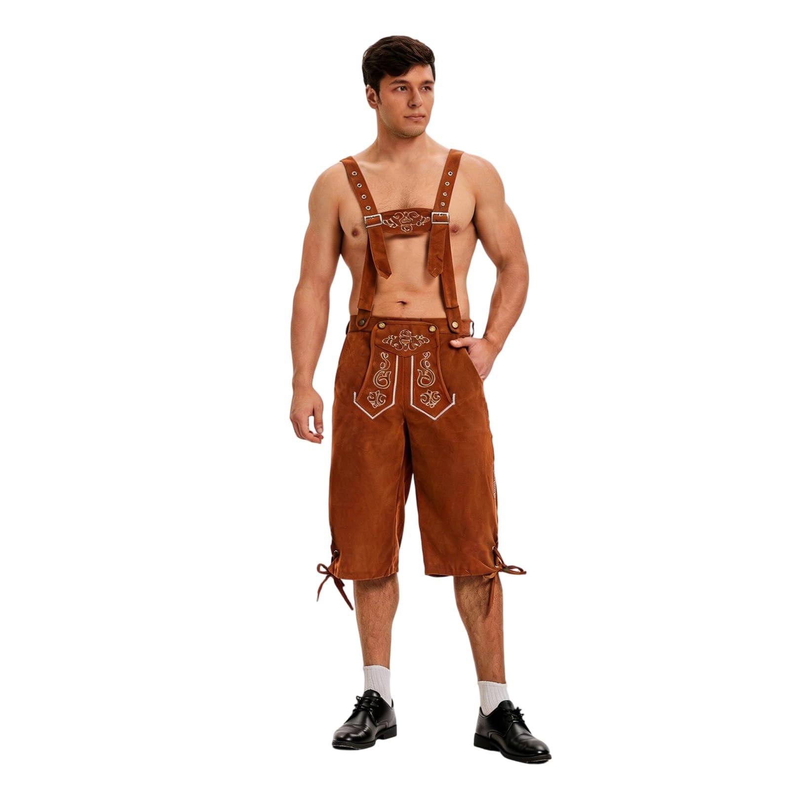 TOFOTL Mens Bavarian Costume, Bavarian Funny Costume, Classic-fit Adjustable Braces Oktoberfest Embroidered Detachable Durable Classic Leiderhausen Men Shorts with Matching Suspenders, L Khaki