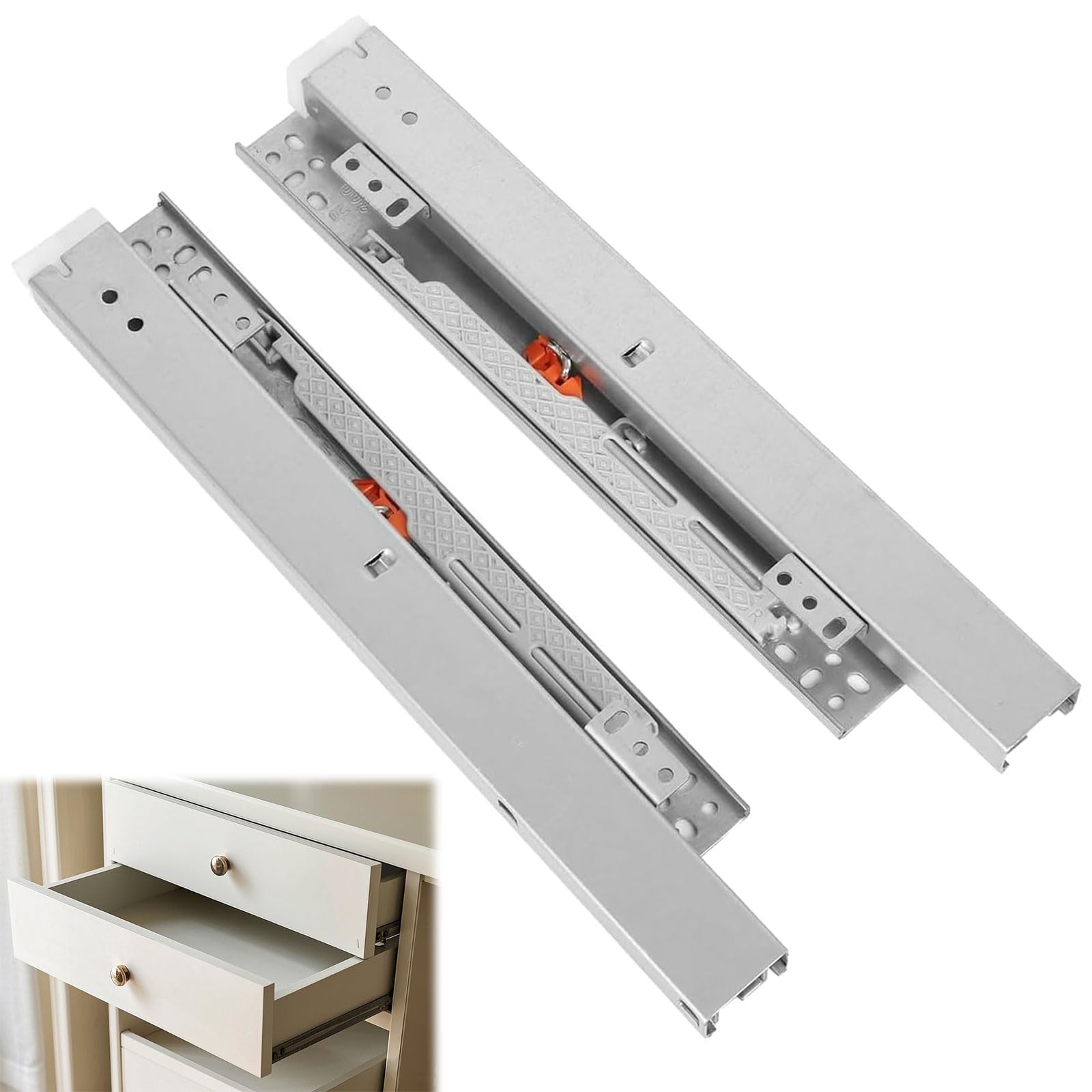 Guide per montaggio a pavimento, 1 paio di guide per cassetti, 60 cm, guide estraibili per il montaggio a pavimento, guide telescopiche, chiusura ammortizzata, sistema a binario per cassetti
