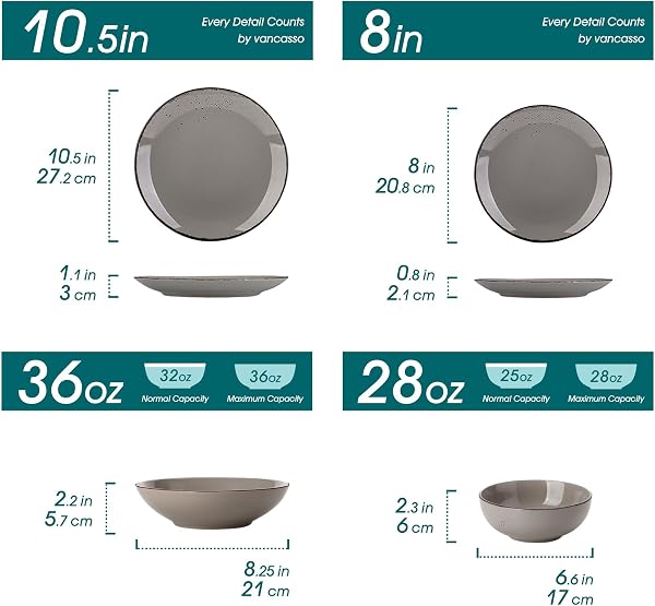vancasso Navia 24 Pieces Stoneware Dinner Set for 6, Vintage Look Grey Tableware Set with Dinner Plates, Dessert Plates, Soup Bowls & Cereal Bowls, Dishwasher & Microwave Safe - 2