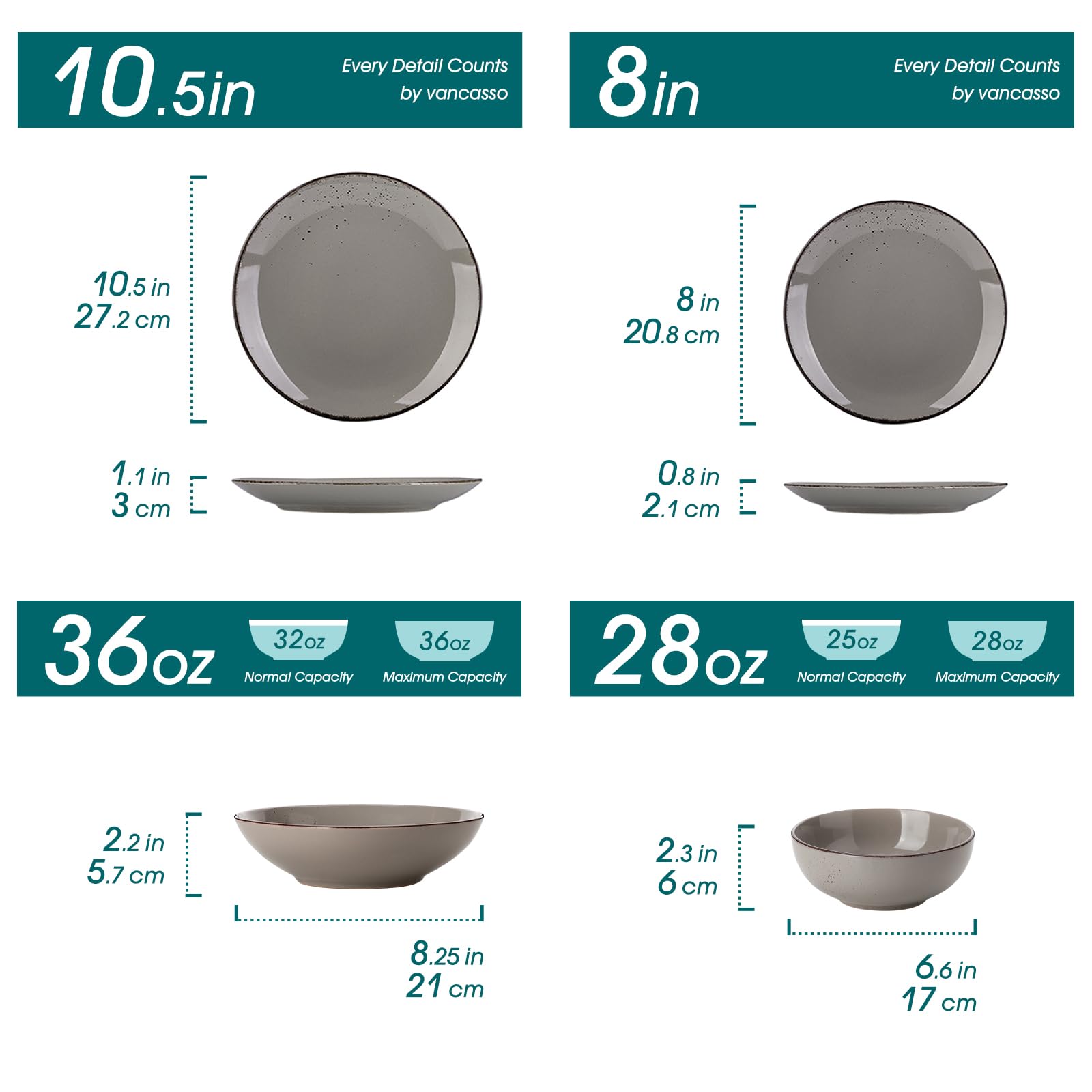 vancasso Navia 24 Pieces Stoneware Dinner Set for 6, Vintage Look Grey Tableware Set with Dinner Plates, Dessert Plates, Soup Bowls & Cereal Bowls, Dishwasher & Microwave Safe — view 2