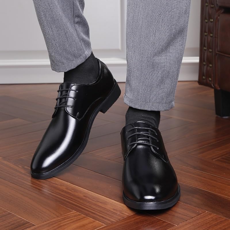 Mens Leather Business Shoes, Oxford Style Lace Up Pointed Toe Wedding Formal Office Casual Fashion Brogue Tuxedo Comfortable Dress Classic Shoes2