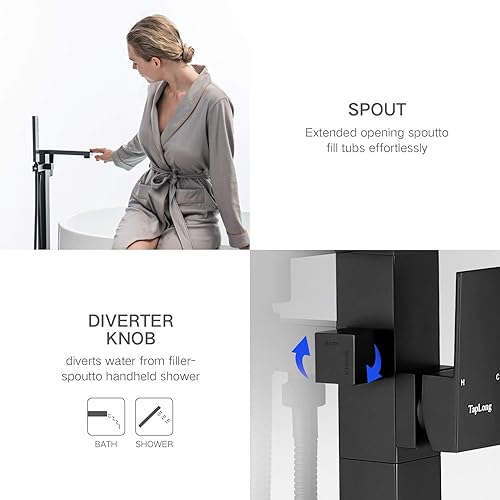 Miniatura 9 de TapLong Freestanding Bathtub Faucet Tub Waterfall Filler Floor Mount Bathroom Faucets Brass Single Handle with Hand Shower High Flow Rate Max 6 GPM