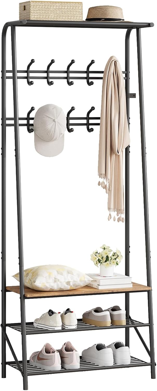 GAOMON Coat Rack, Hall Tree with Shoe Bench for Entryway, Shoe Rack Organizer with 10 Coat Hooks, 3-in-1 Hall Tree Entryway Bench, Wooden Furniture with Metal Frame