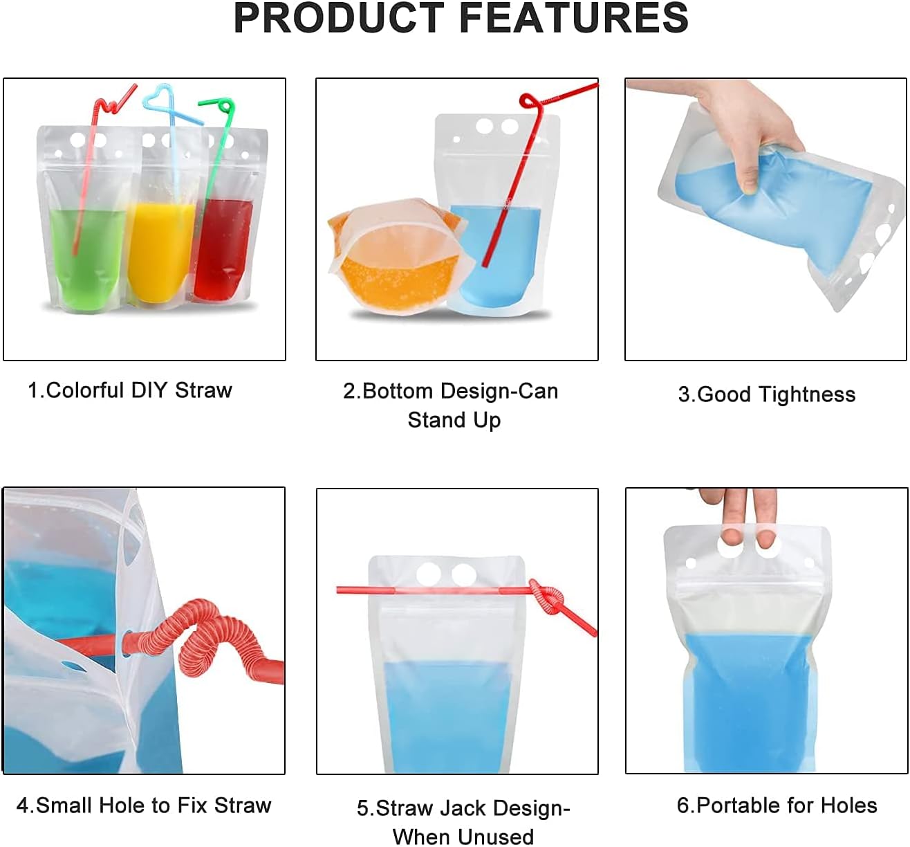 200 Pcs Drink Pouches with 200 Straw Holes, Freezable Juice Pouch, Translucent Reclosable Zipper Plastic Pouches Drink Bags for Cold & Hot Drinks for Adults and Kids