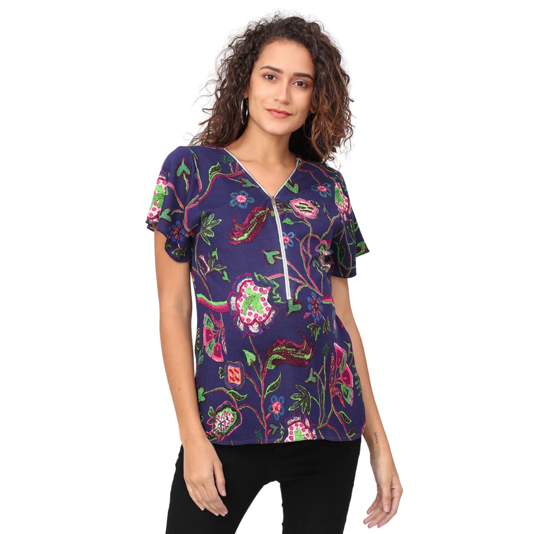 the mom store Maternity and Nursing Casual Top | 100% Cotton | Feeding Zippers at The Front | Pre and Post Pregnancy | Comfortable | Floral Print | Color - Multi-picture-27