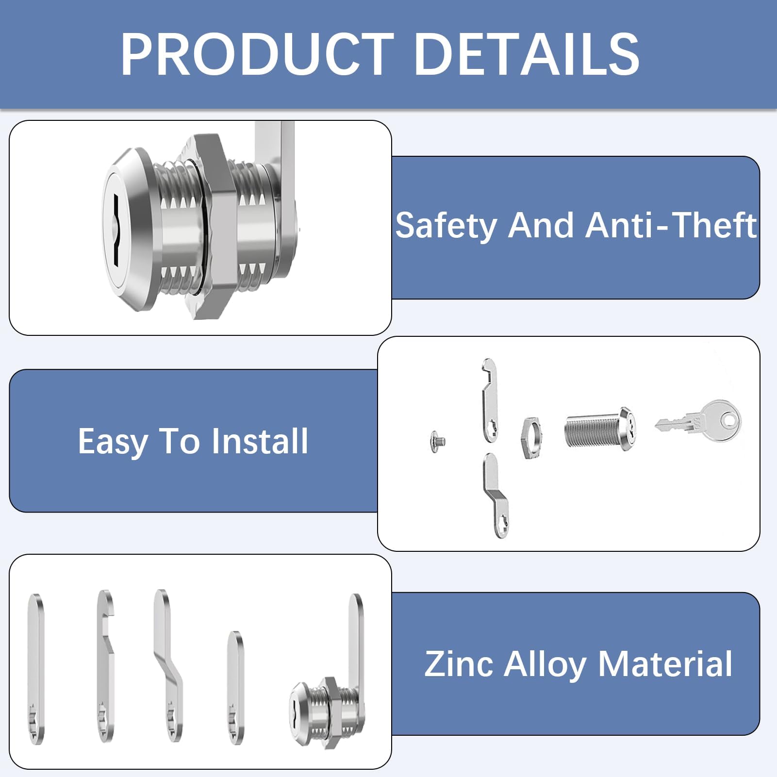 25mm Security Mailbox Keyed Cabinet Drawer Cam Lock System, 2 Keys, 4 Lock Plates, Undefined - Image 3