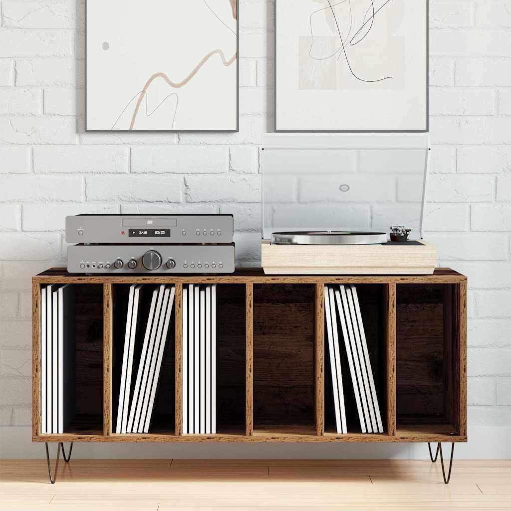 Armadio per dischi in legno anticato, 100 x 38 x 48 cm, con 6 ripiani e gambe in acciaio, per soggiorno, conservazione e ordine di vinile, CD, DVD, ricevitori, router