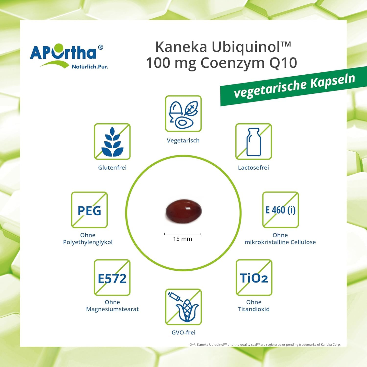 APOrtha Kaneka Ubiquinol Coenzym Q10 100 mg 60 vegetarische Kapseln, CoQ10 Kapseln hochdosiert 100mg, Hohe Bioverfügbarkeit durch bioaktives Ubiquinol, 2-fach Patentierter Rohstoff