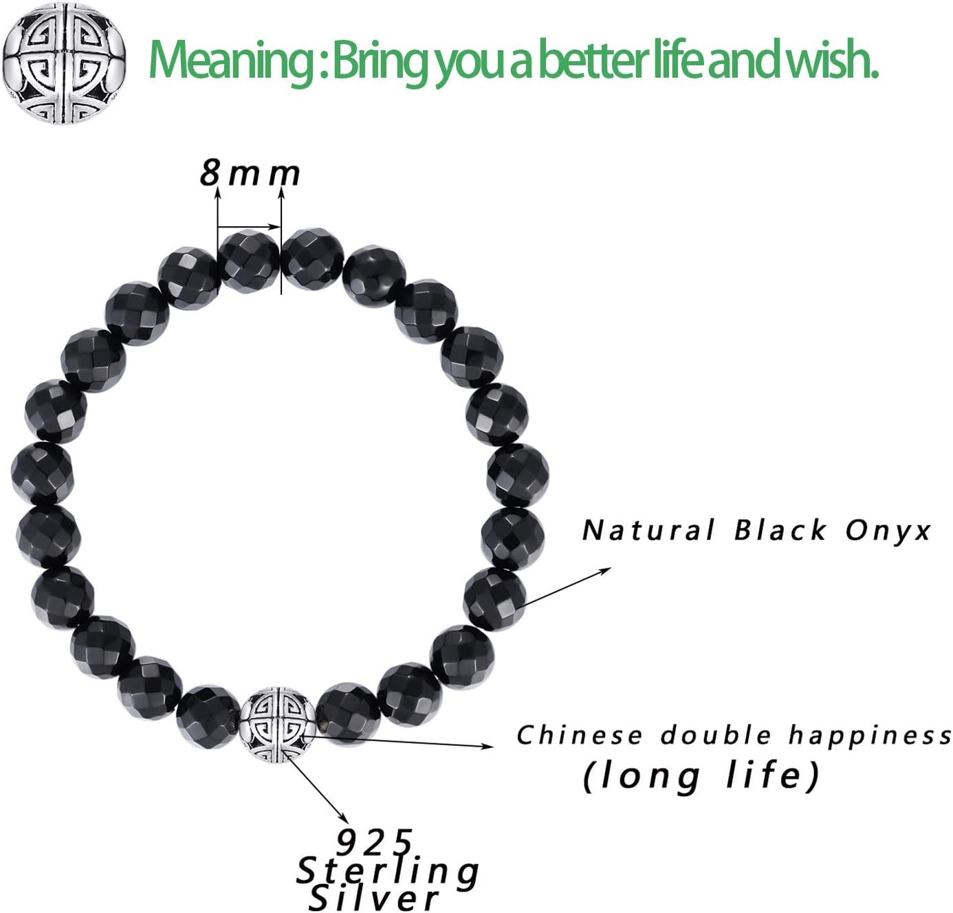 Healing Crystals Beaded Bracelets for Womens Natural Gemstone 8mm Beads Stretch Bracelets with 925 Sterling Silver Double Happiness Pendant - Image 2