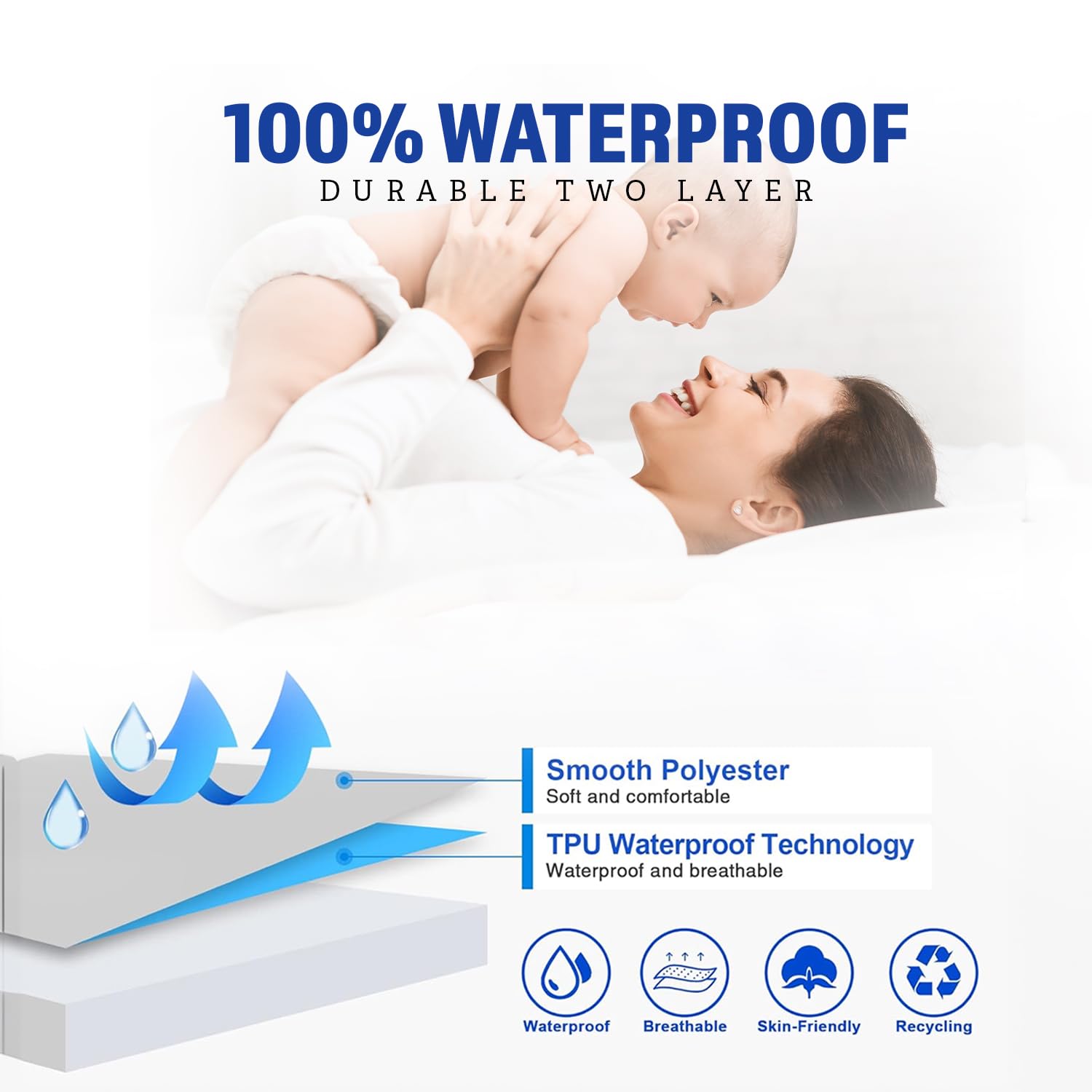BeyBee 100% Waterproof Cotton Terry Mattress Protector | Breathable, Hypoallergenic, Washable & 2X Absorbency | Ultra Soft Easy Elastic Fitted Bed Protector (Size-75 * 72, Dark Blue) - Image 2 thumbnail