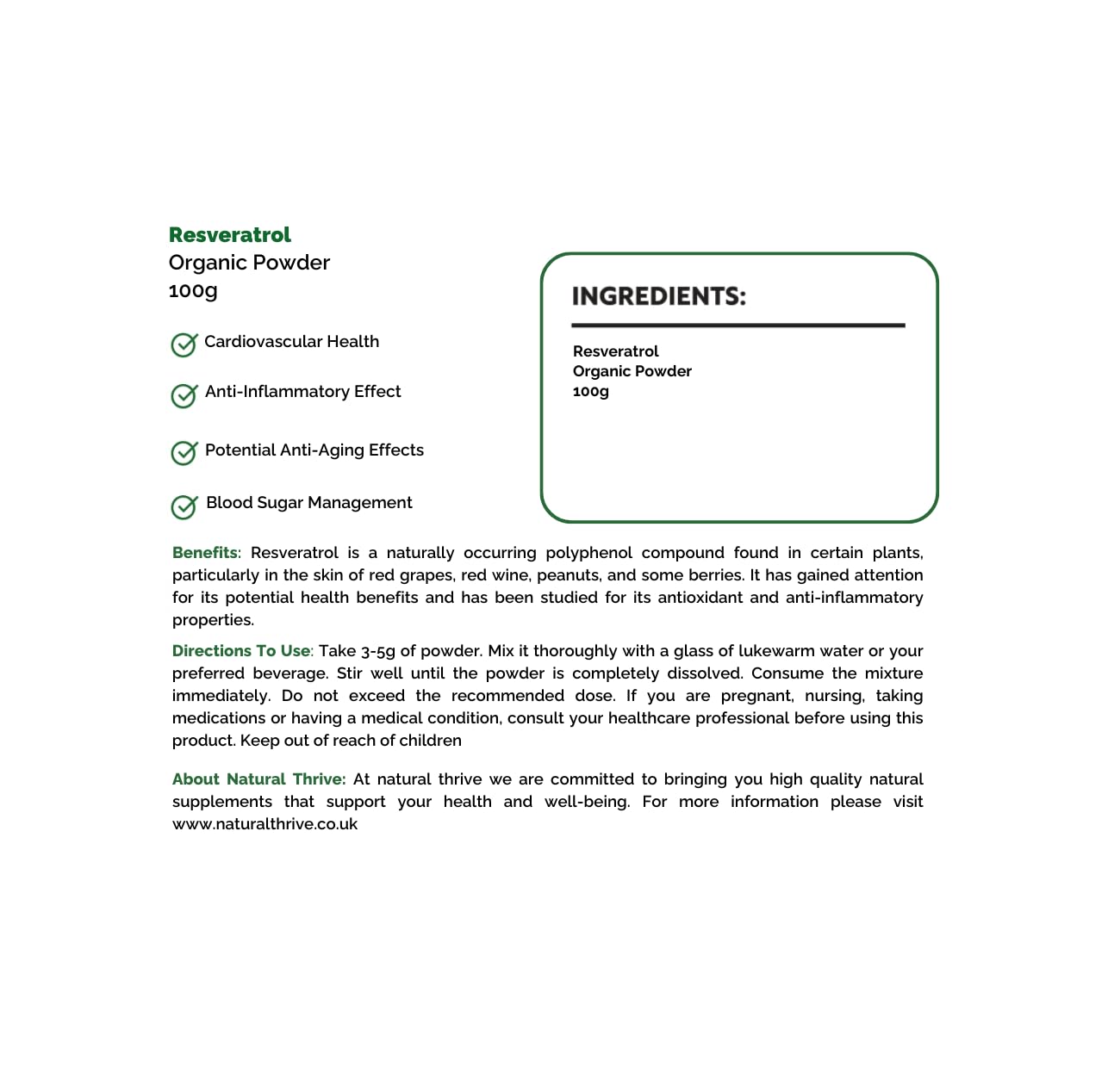 Polvere di estratto di resveratrolo biologico, antiossidante puro e supporto cardiovascolare, vegano, senza glutine, non OGM, 100 g