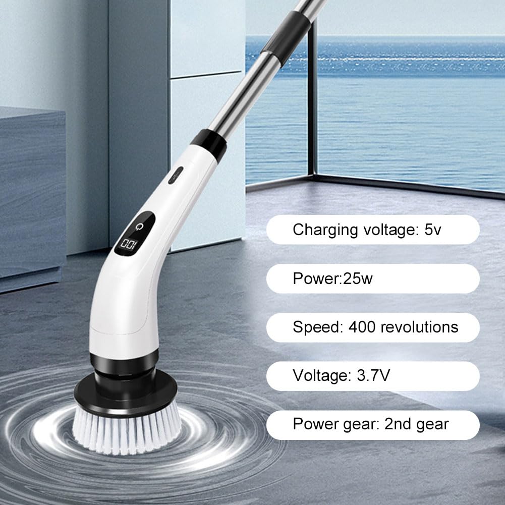 Cepillo eléctrico giratorio con 7 cabezales de cepillo reemplazables, cepillo de limpieza inalámbrico con mango extensible, limpiador eléctrico para baño, bañera, azulejos, suelo