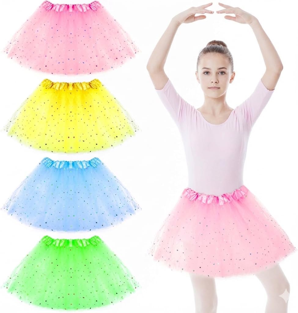 Tutu Skirts, 4 Pcs 3 Layered Multicolor Tutus Tulle Dance Skirt for Ballet Dance Birthday Costume