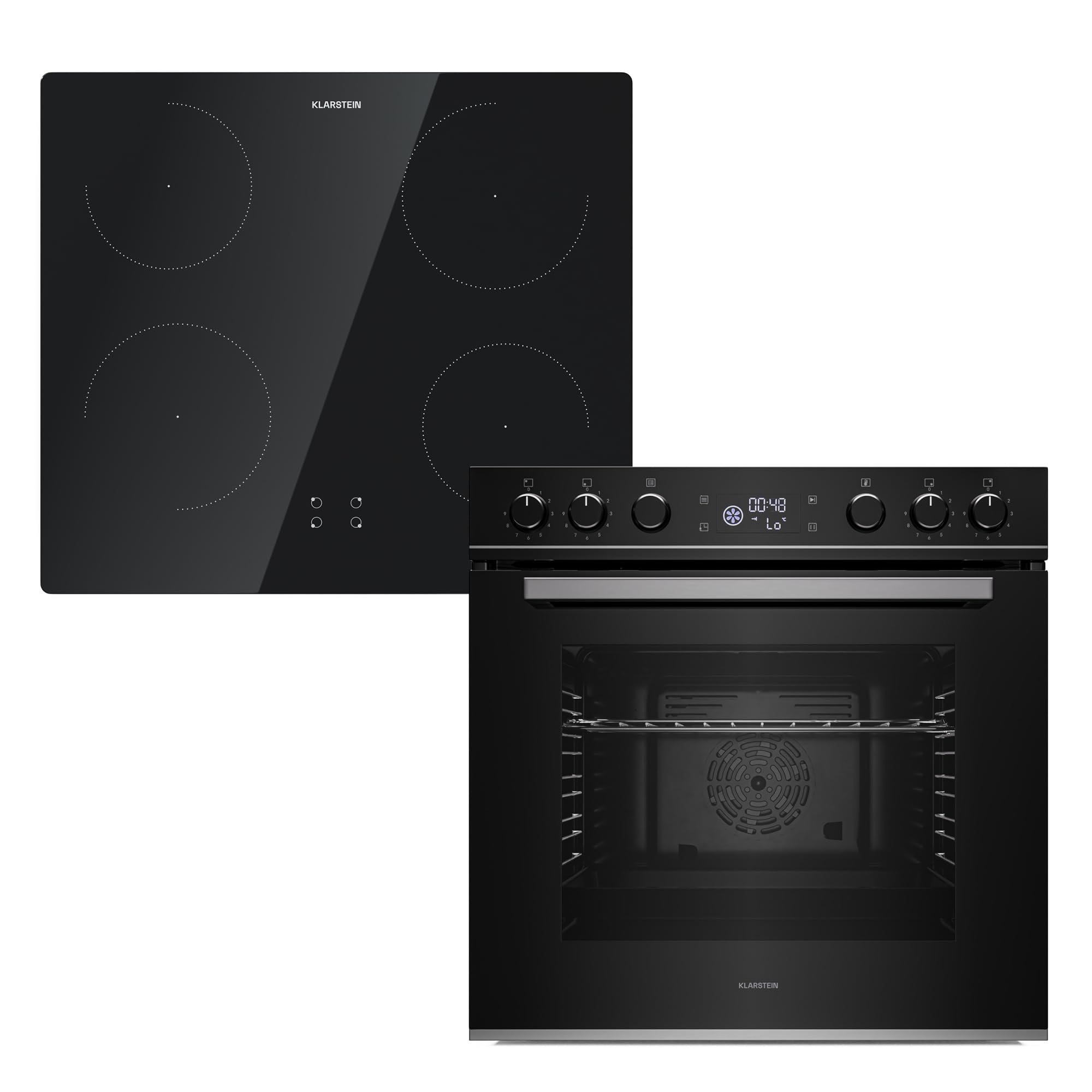 KLARSTEIN ControlSync Oven and Induction Hob – 72L, 9 Functions, Digital Timer, Child Lock, 4 Zones with Booster, Black Glass Design, Energy Class A