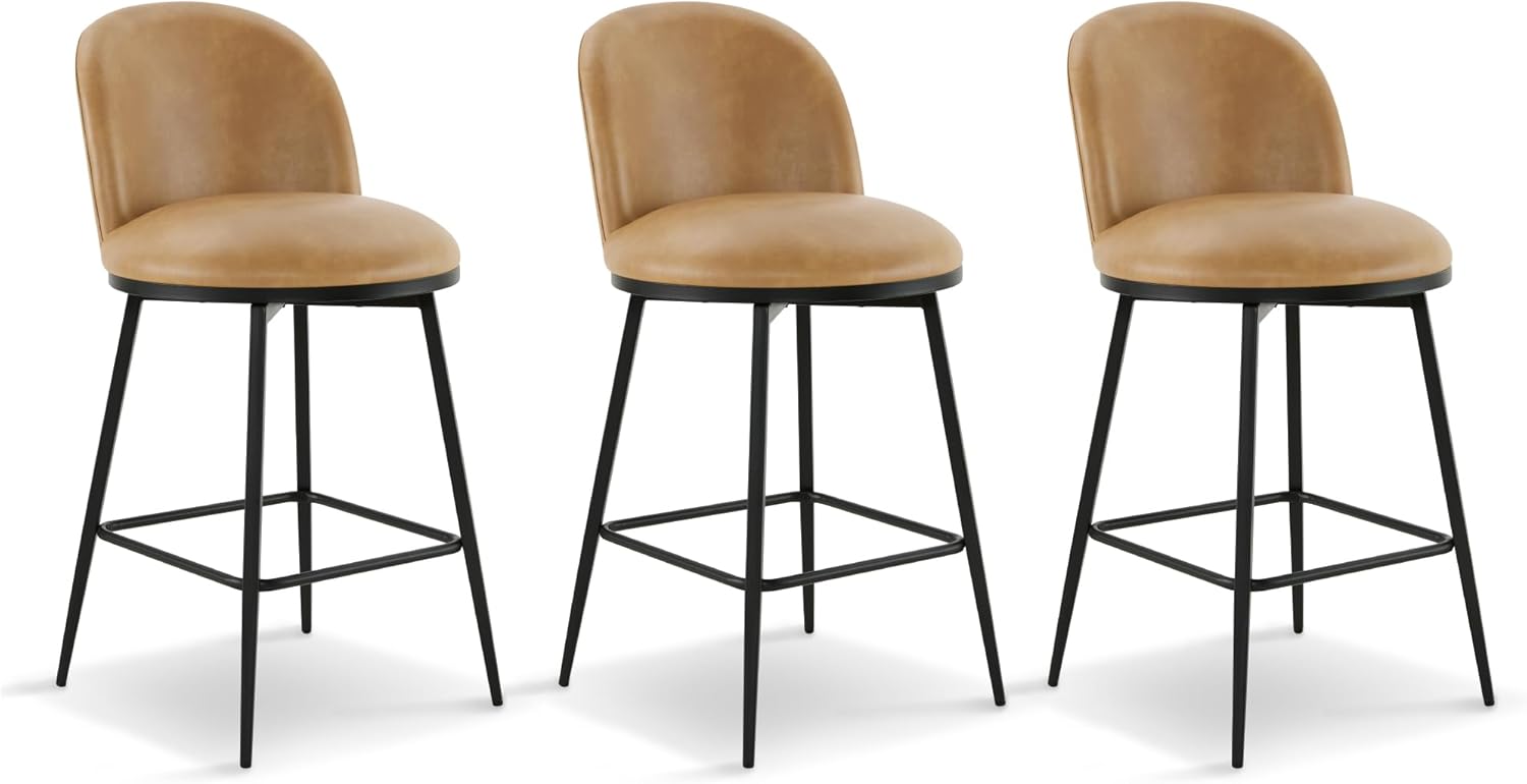 26" Counter Height Swivel Bar Stools Set of 3, Upholstered Faux Leather Barstools with Backs and Metal Legs for Kitchen Island,Brown