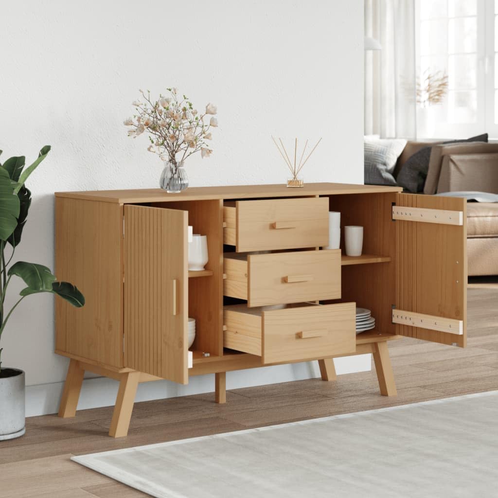 Scandinavian Style Sideboard in Warm Brown Solid Pine Wood 45 Inches Wide with Multiple Drawers and Spacious Cabinet Storage for Living Room Hallway