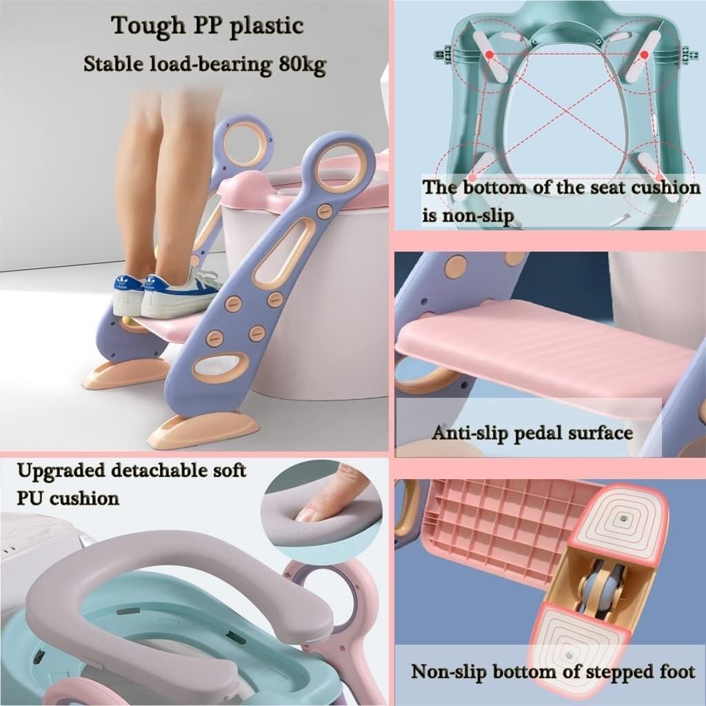 Adjustable Potty Training Seat with Ladder for Boys & Girls, Foldable Toilet Chair with PU Cushion
