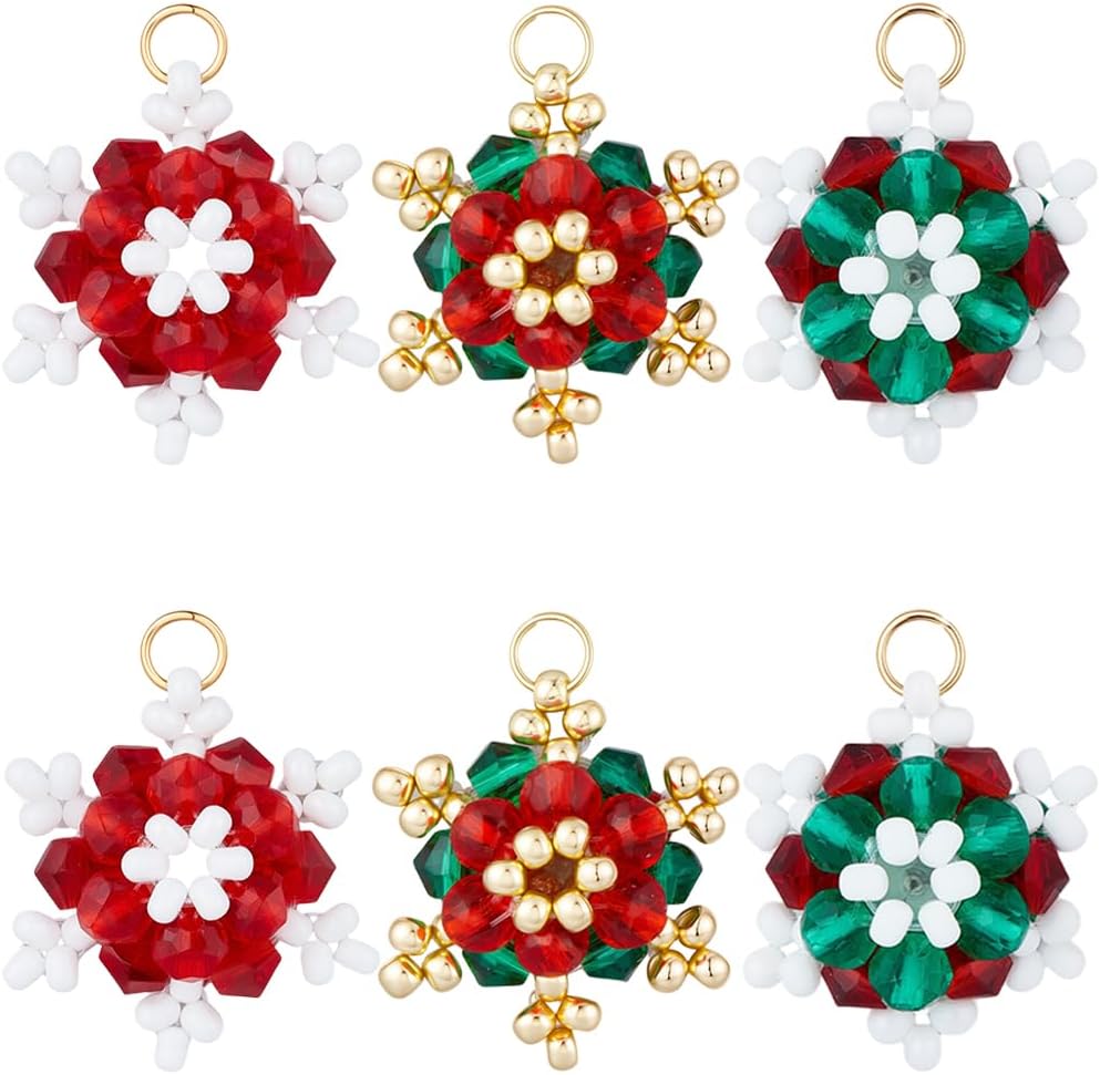 Beebeecraft 1 Box 12Pcs Christmas Snowflake Charms 18K Gold Plated Stainless Steel Winter Faceted Snow Flake Glass Seed Bead Pendant Charms for Jewelry Making Necklace Bracelet DIY Crafts Xmas Tree