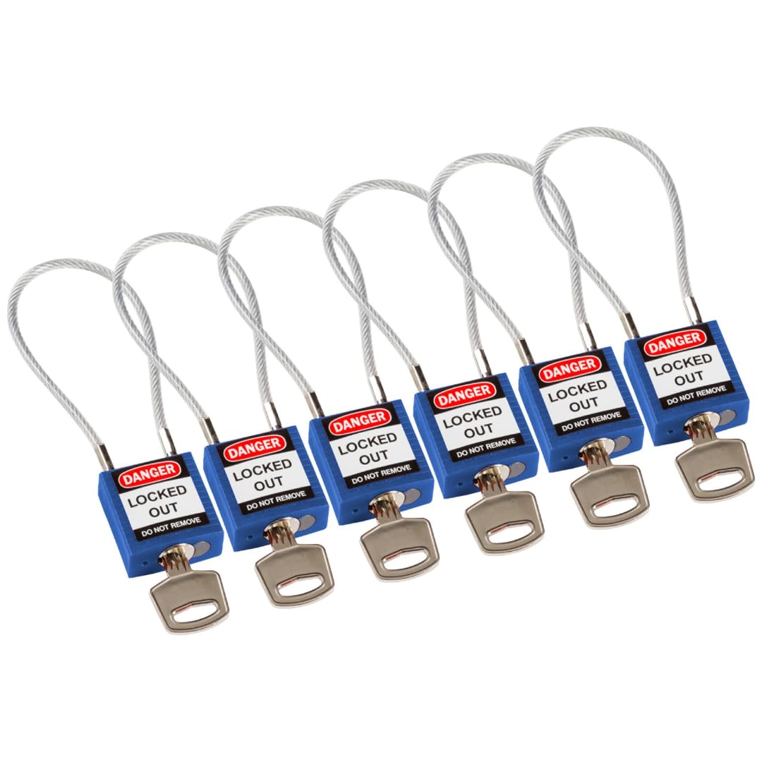 Brady 146130 Compact Cable Padlocks, 5-Pin Cylinder, 4.2" Shackle Clearance, Keyed Alike, 1.31" Height, 1.25" Wide, 0.56" Length, Blue