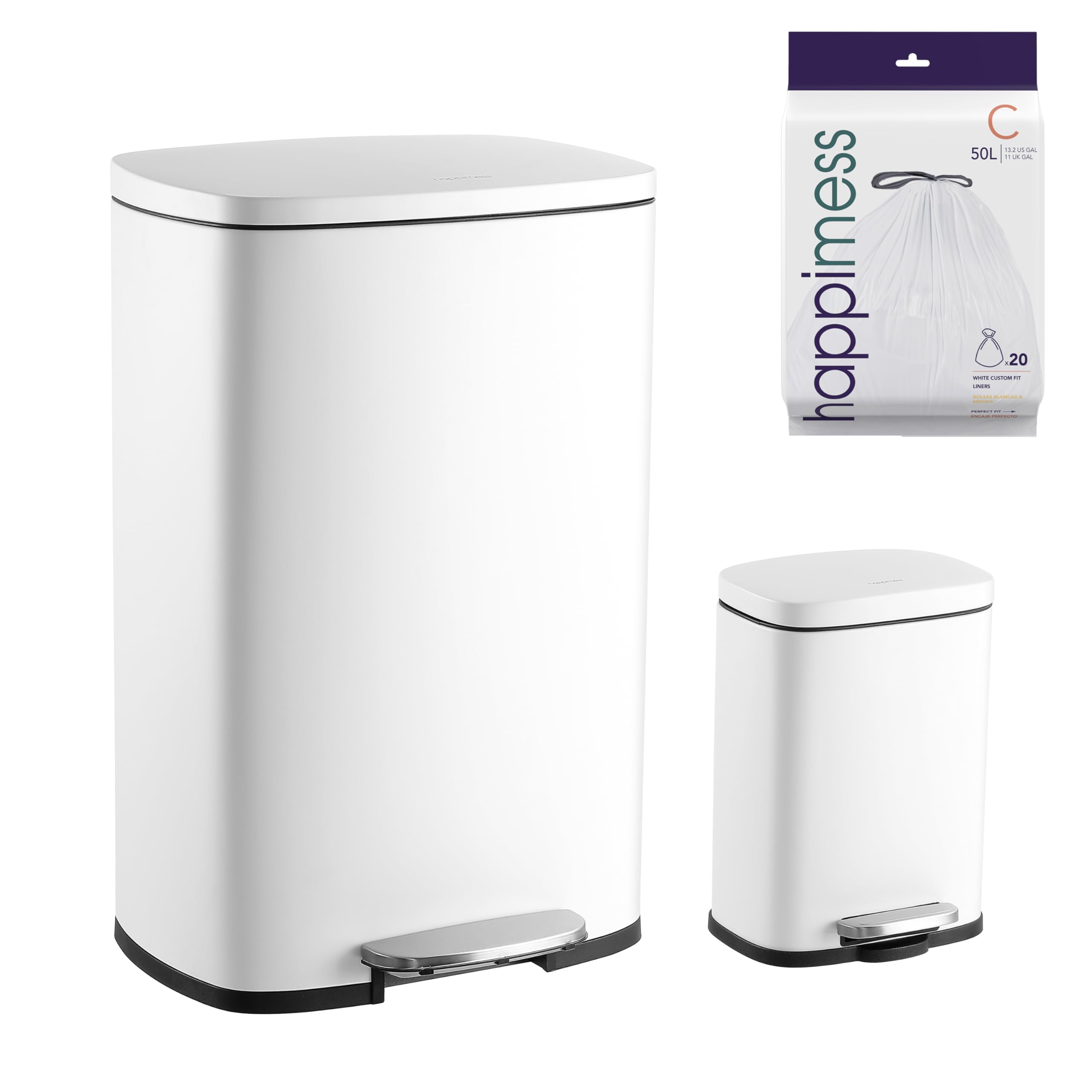 happimess Trash Can, Polypropylene, White US, Large:12.98 Gallon Small:1.3 Gallon