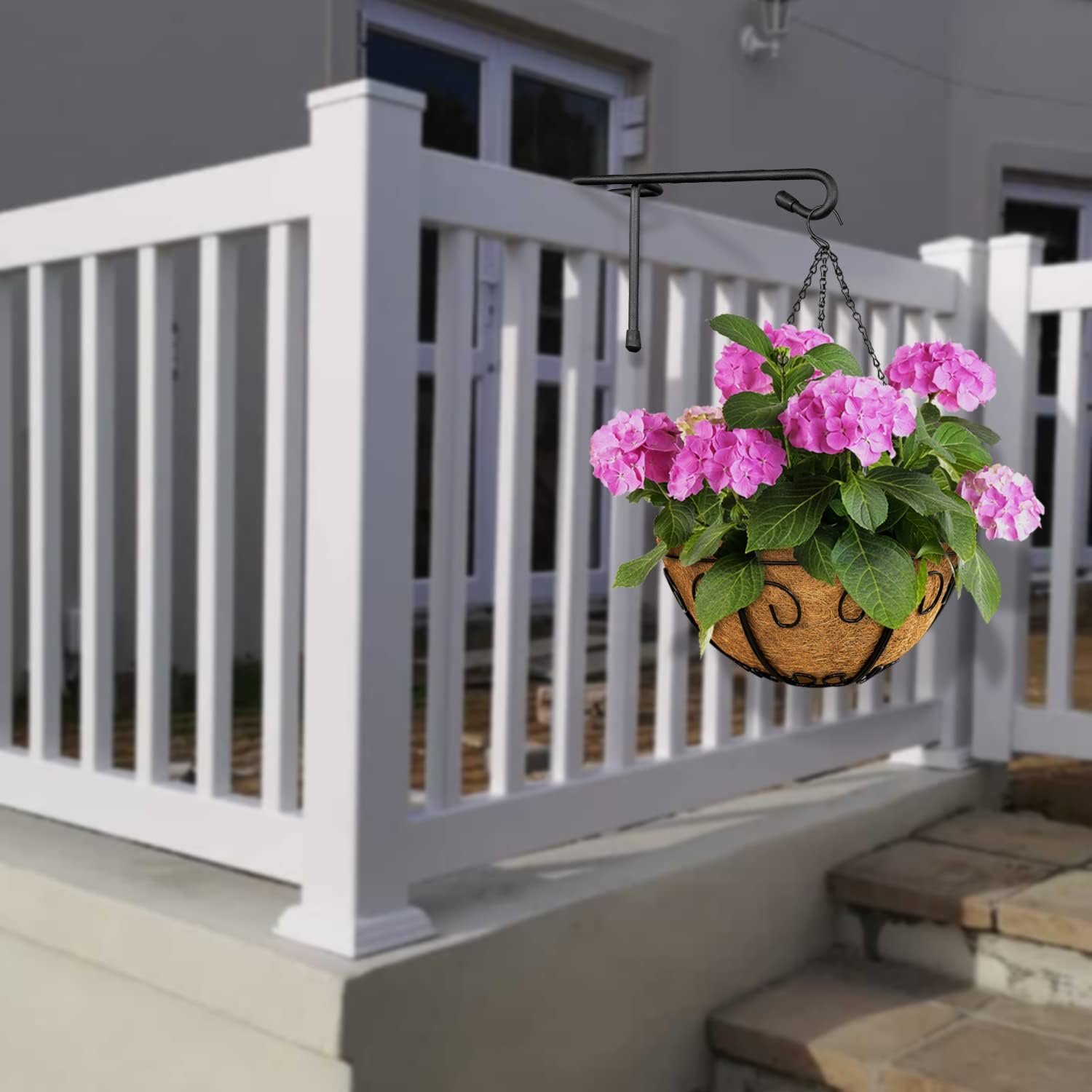 Vinyl Fence Hooks for Hanging, Heavy Duty Patio Hangers, Outdoor Fence Hangers for Hanging Flower Baskets, Wind Chimes, Planters, Bird Feeders, Lights, Lanterns - 6 Pack - Black Color