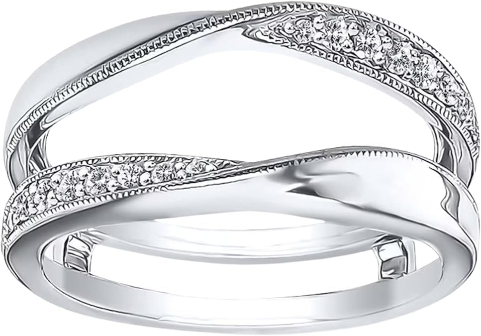 925 Sterling Silver Half-Bypass Ring Guard Enhancer for Women, Milgrain Infinity Twist Created Diamond Wedding Band Wrap, Curved Double Band Insert for Engagement Rings