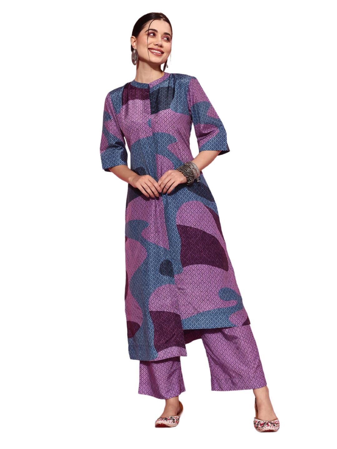 Varanga Abstract Printed Mandarin Collar, High Low Straight Kurta With Side Slits Paired With Tonal Bottom