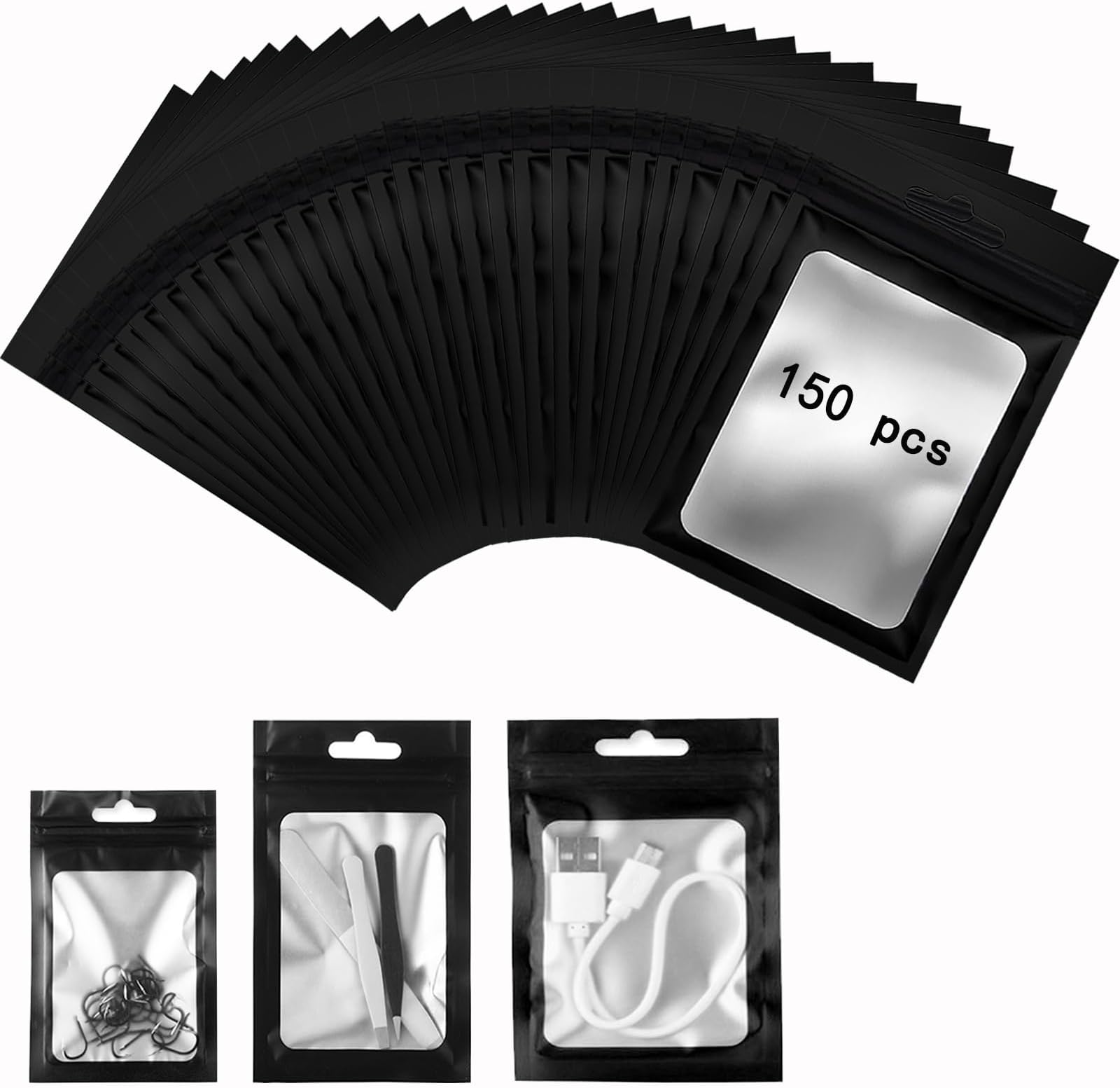 150 Mylar Bags Black Foil, Ziplock, Resealable Smell Proof with Clear Window, Food Storage, Sample, Party Gift Pouches (3.5 x 4.7 Inch)