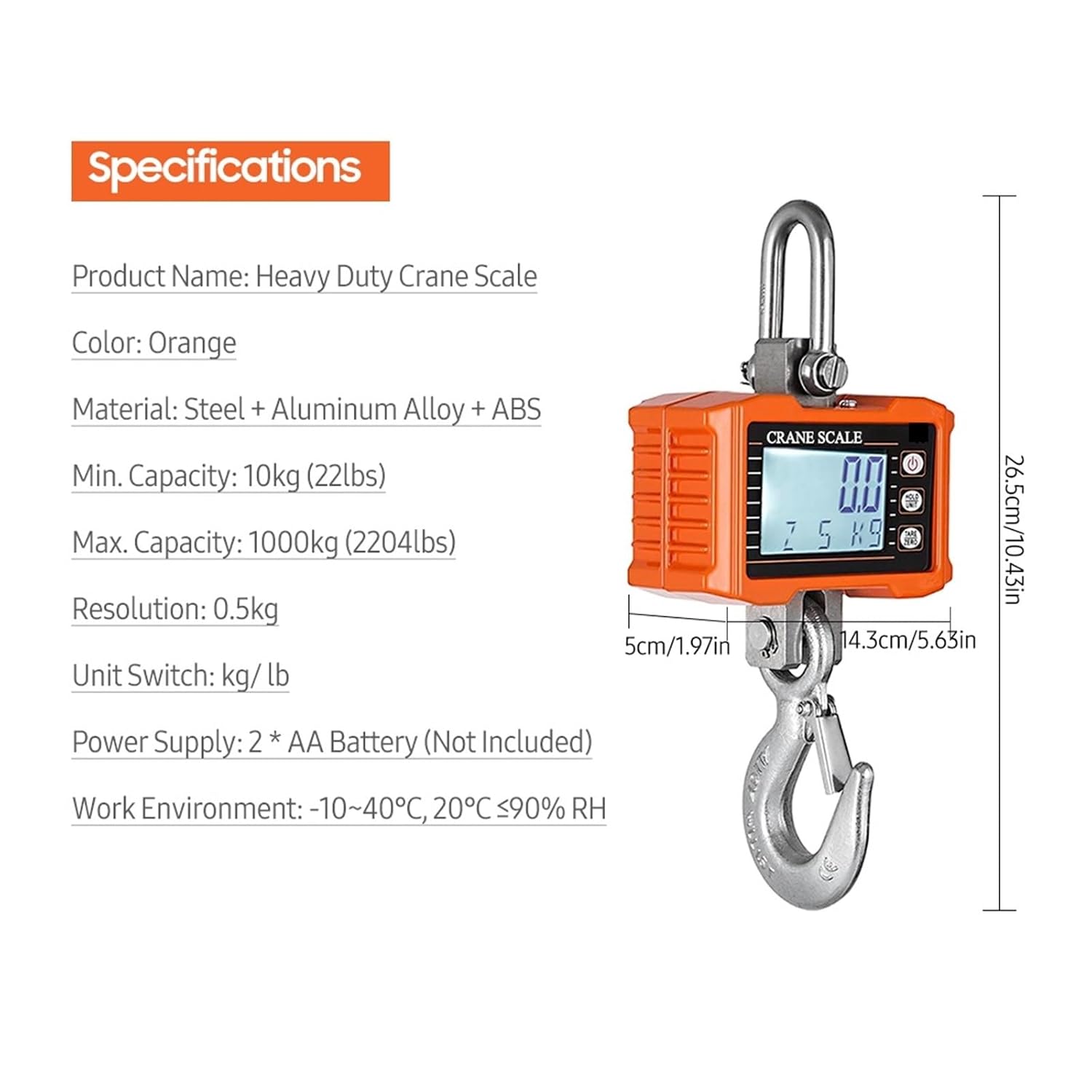 Crane Scale, Digital Hanging Scale 1000kg/ 2204lbs Heavy Duty Crane LCD Backlight Industrial Hook Scales Unit for Construction Site,Convenient Operation