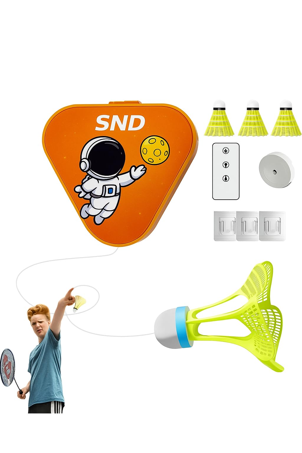 Indoor Badminton Training Set with Retractable Shuttlecock (Without Racket), Wall-Mounted Design, Orange Base, 3 Yellow Shuttlecocks