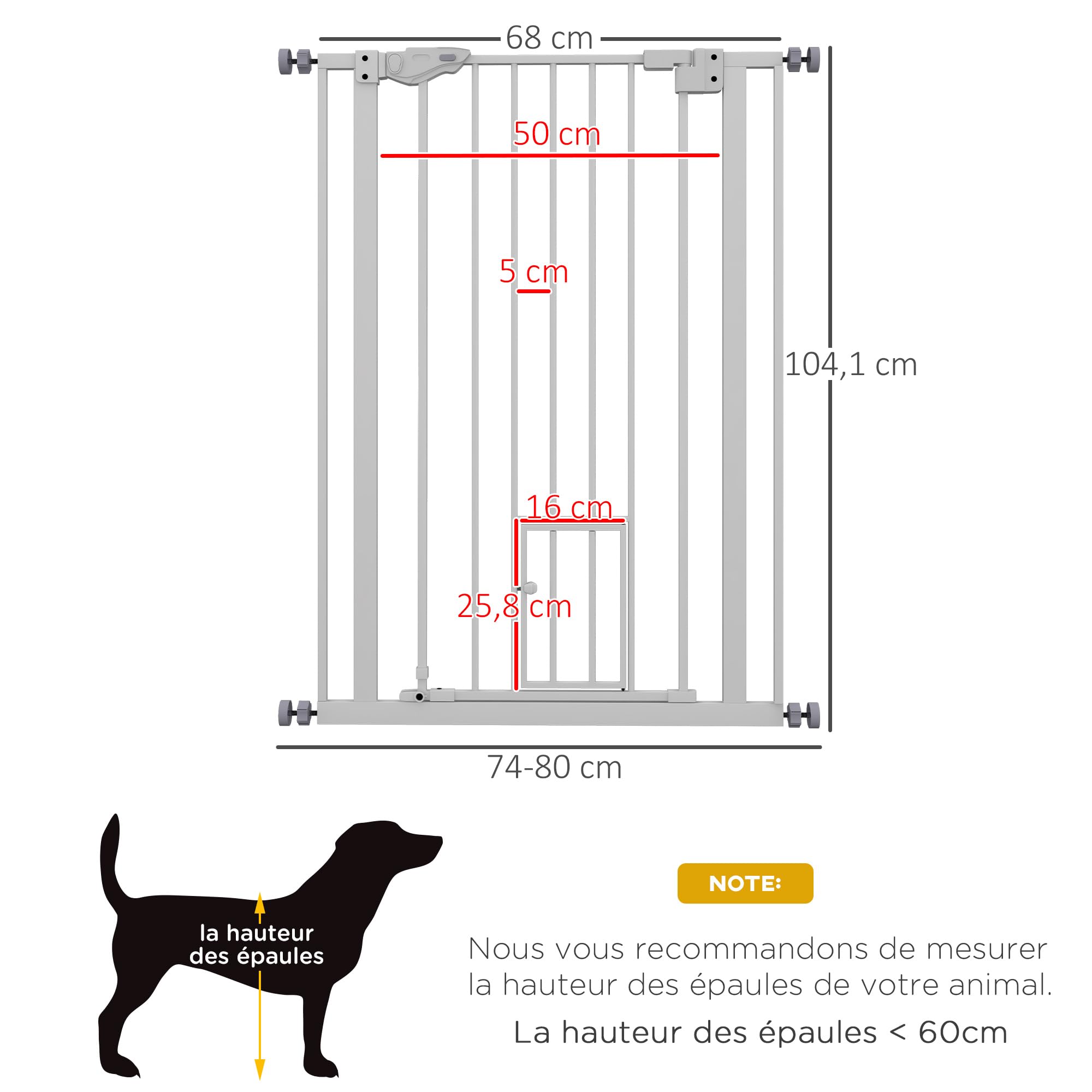 PawHut Tierschutzgitter 104H cm mit Tür automatischer Türverschluss Doppelverriegelungssystem ohne Bohrung 74-80 cm Stahl weiß
