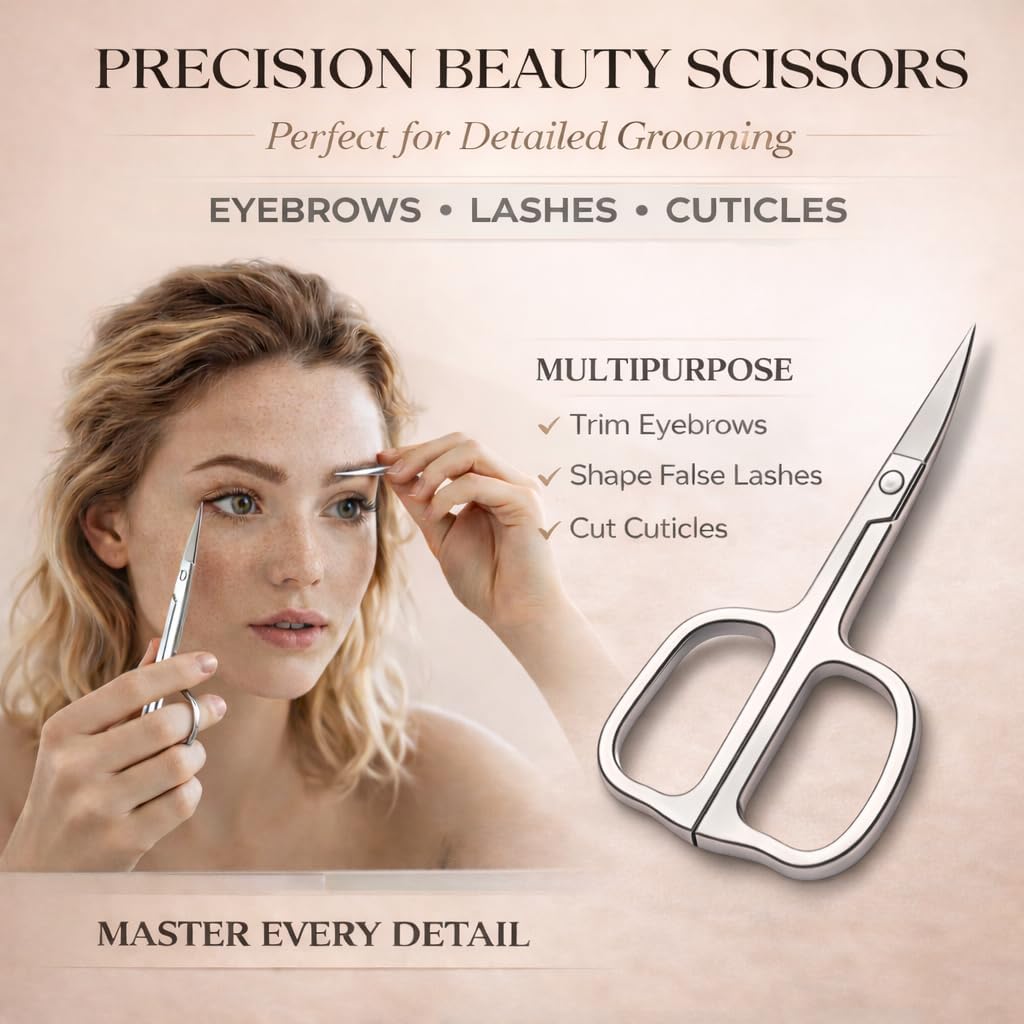 Beauty Scissors, Stainless Steel, 3.5 Inch Curved Blade, Multi-Purpose Grooming Tool for Eyebrow, Nose, Cuticle, Pedicure