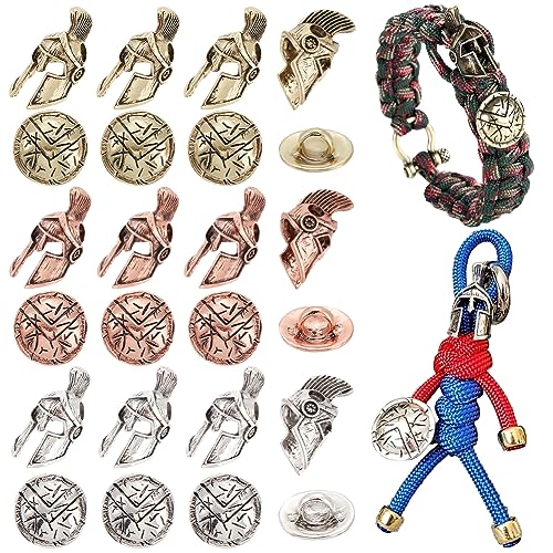 UNICRAFTALE 24Pcs 3 colors Alloy Parachute Cord Beads Buttons and charms EDC Cord Lanyard Bracelet Keychain Beads Shield Buttons Spartan Helmet European for Hair Braiding Bracelet Jewelry Making