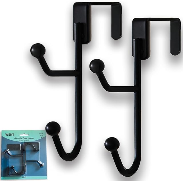 WENT 2 Pack Over The Door Hooks Hanger, Suitable for 1.18-1.37" (3-3.5cm) Thick Doors, Sturdy Metal Double Hook Hanger for Hanging Coats, Hats, Robes, Towels, Black
