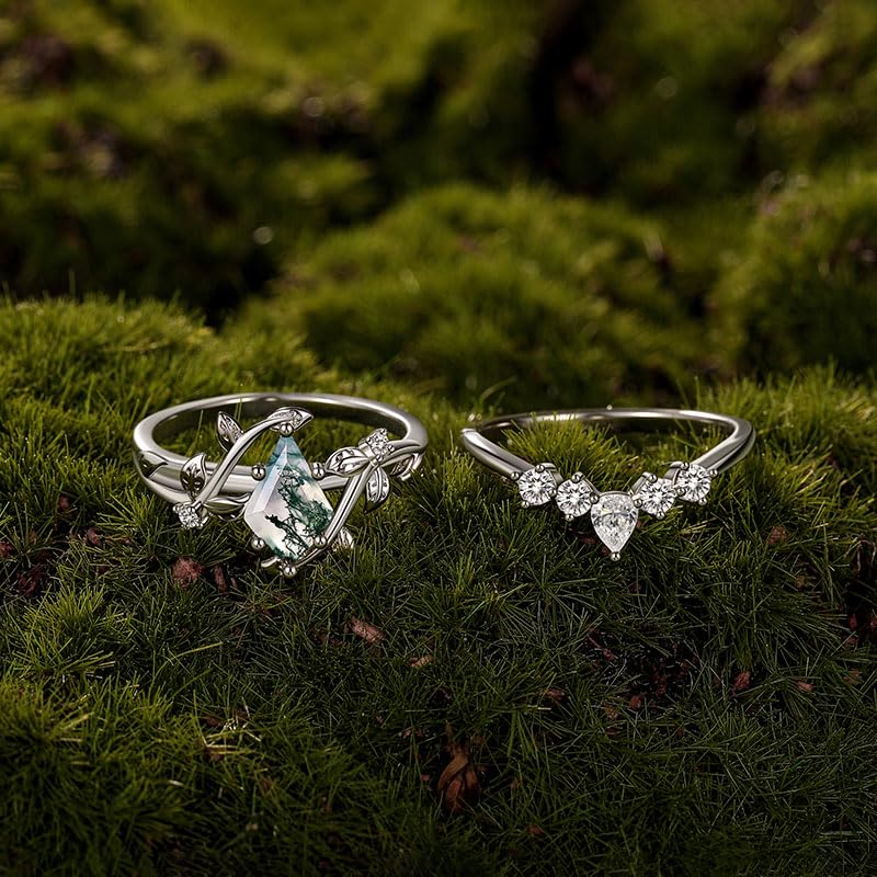 Damen Ring Set Moosachat Bandring Drachenschnitt Zirkonia Vorsteckring mit Weinblatt Fingerring Sterling Silber Stapelring Schmuckring mit Stein Silberring für Frauen