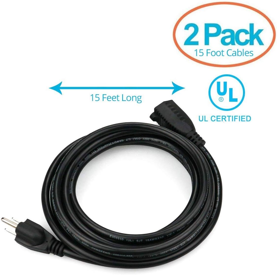 ClearMax Power Cable Extension 3 Prong Cord Plug Male to Female 16 AWG for Home and Office Improvement UL Certified 15 Feet, 2 Pack, Black