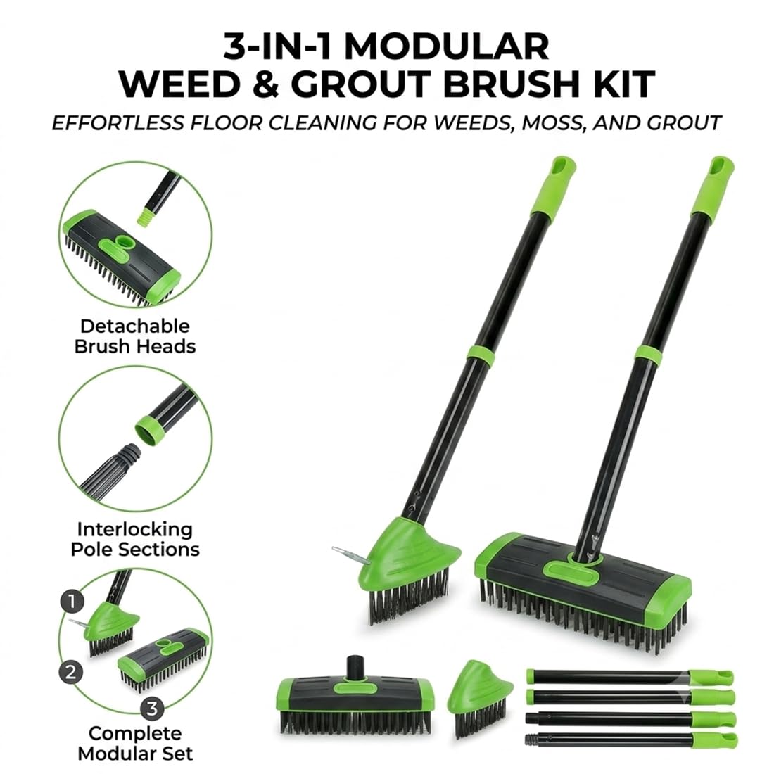 Set de cepillos quitamalezas 3 en 1, Herramienta para Juntas de adoquines con Mango Largo Desmontable, Cepillo de Alambre y rascador para Patio, Entrada, Sendero y jardín (2 Pcs - B)
