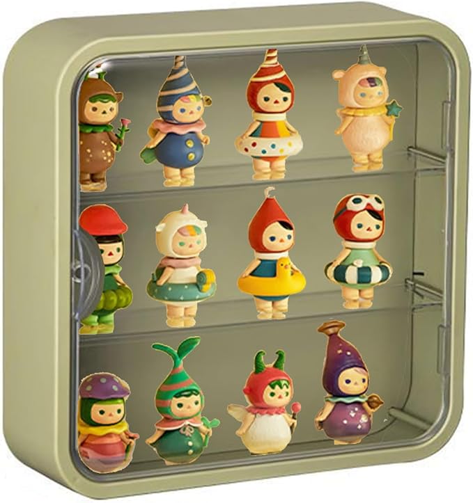 Clear Display Case for Figures, Wall-Mounted Doll Storage Box, Adjustable Display Stand with Door Dust and Moisture Proof Suitable for Lego Collectibles Action Figures Pop Mart (Green)