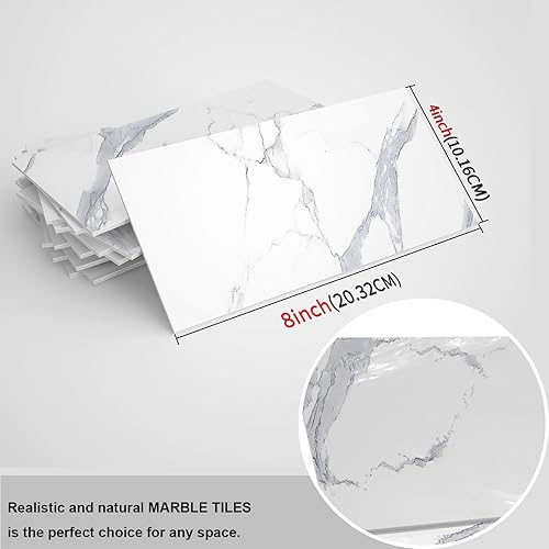 Miniatura 5 de TUOKING Azulejos de metro de mármol de 32 piezas para despegar y pegar, de 4 x 8 pulgadas, compuesto de piedra blanca, impermeable, azulejos de
