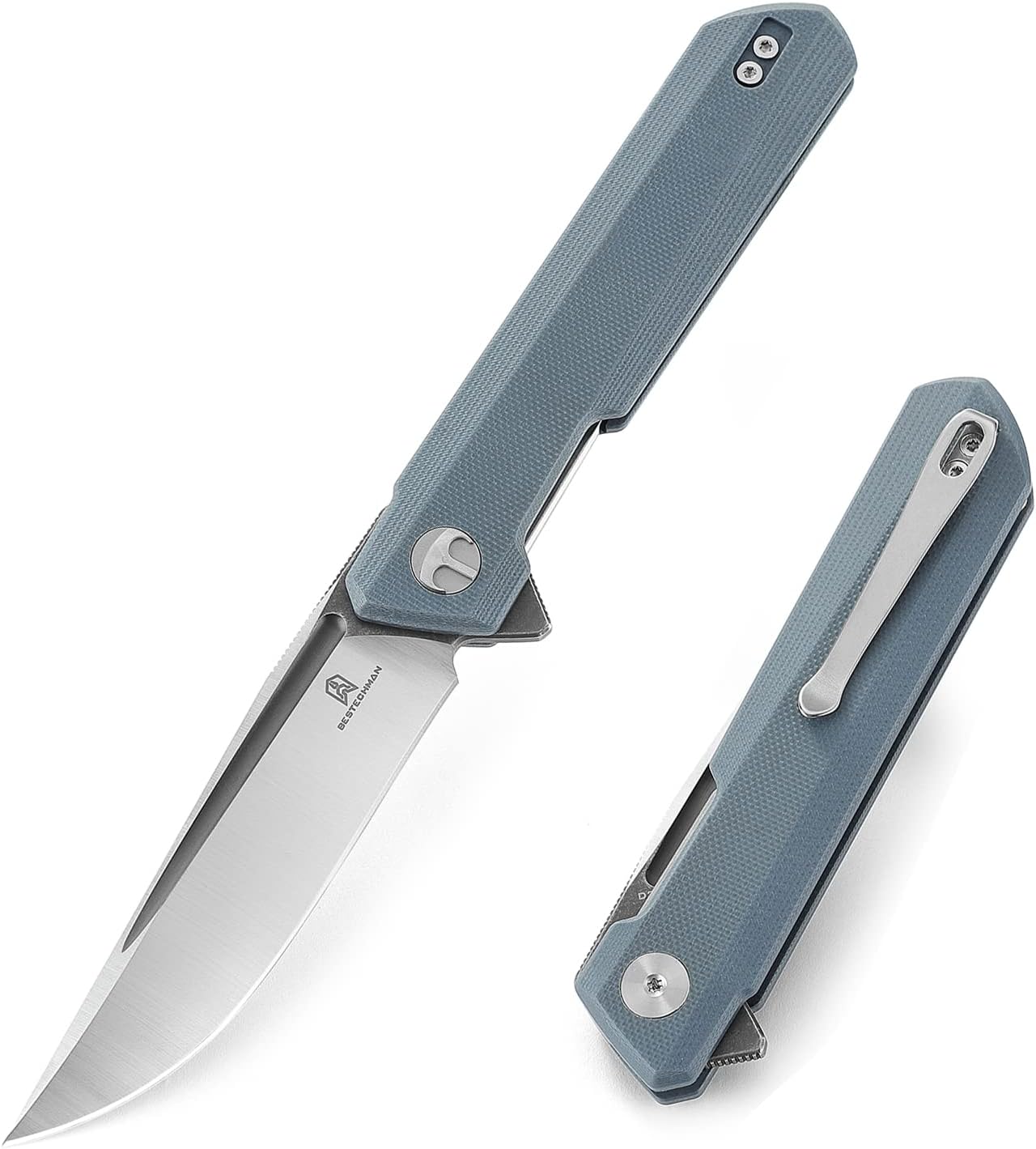 BESTECHMAN Dundee Pocket Folder Folding Knife: 3.35" D2 Steel Grey Titanized Satin Blade, G10 Scales, EDC Reversible Deep Clip, BMK01F (Grey Handle)