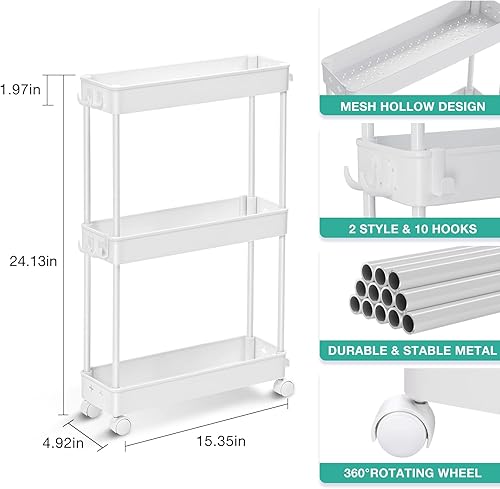 Miniatura 6 de TOOLF Carrito de almacenamiento delgado con ruedas, carrito utilitario de 3 niveles con ganchos, organizador de carrito rodante para baño,