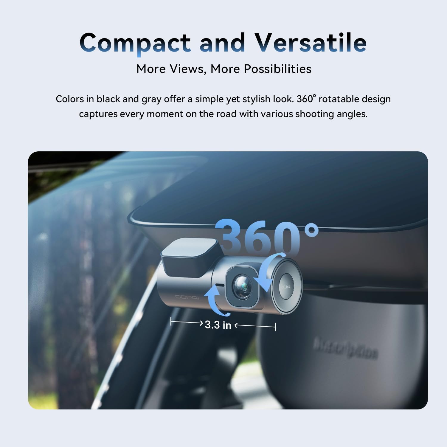 DDPAI MINI2X Dash Cam mounted on a car windshield, showing its compact size and 360-degree rotation capability