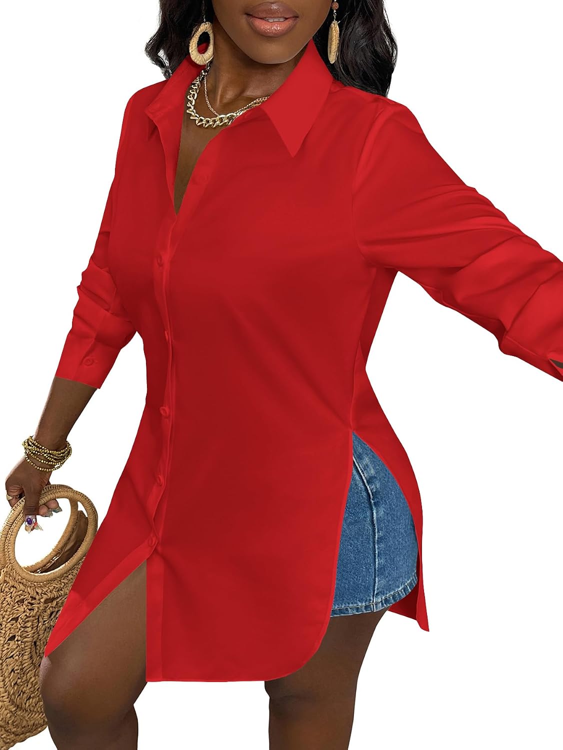 LYANER Women's Collar Neck Long Sleeve Button Down Shirts Sexy Split Hem Tops Long Blouse Shirt Dress