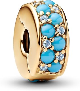 PANDORA Moments 763902C01 Breloque à Clip en Argent Sterling plaqué Or 14 carats avec Cristaux Bleu glacé et Bleu Capri Co...