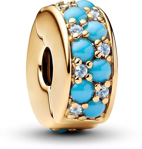 PANDORA Moments Aquablaues Clip-Charm aus 14 Karat Vergoldetem Sterling Silber mit eisblauen und capriblauen Kristallen, Kompatibel Moments Anhänger, 763902C01